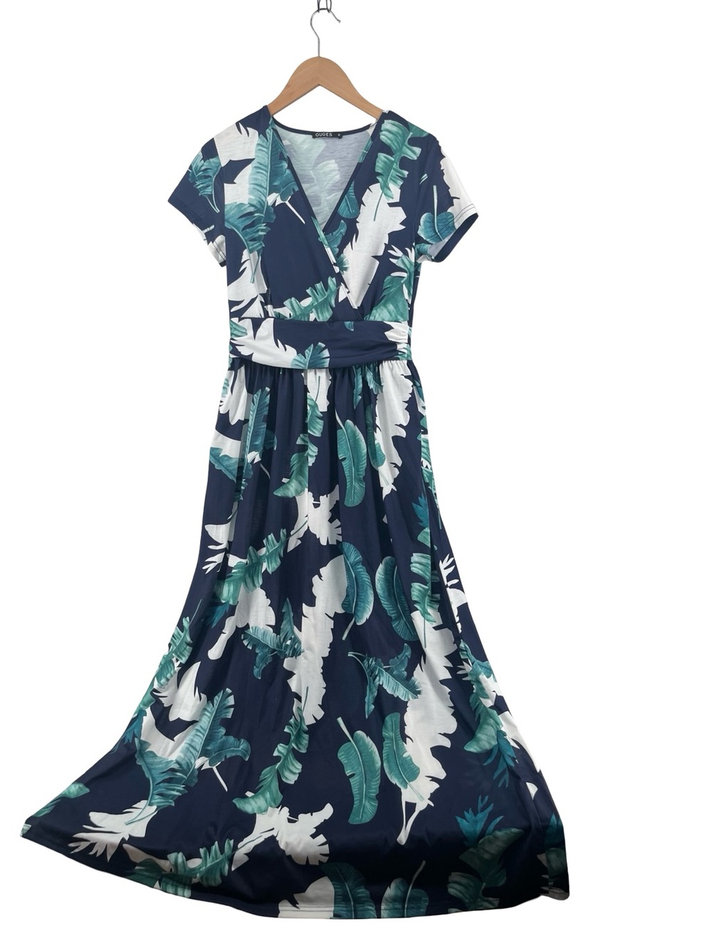 Tropical Palm Leaf Maxi Dress Medium Navy Blue White Resort Vacation Pockets - Picture 2 of 8